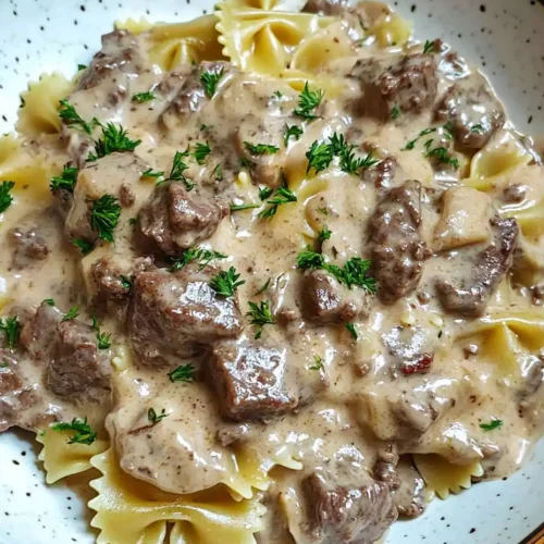 creamy beef and bowtie pasta  