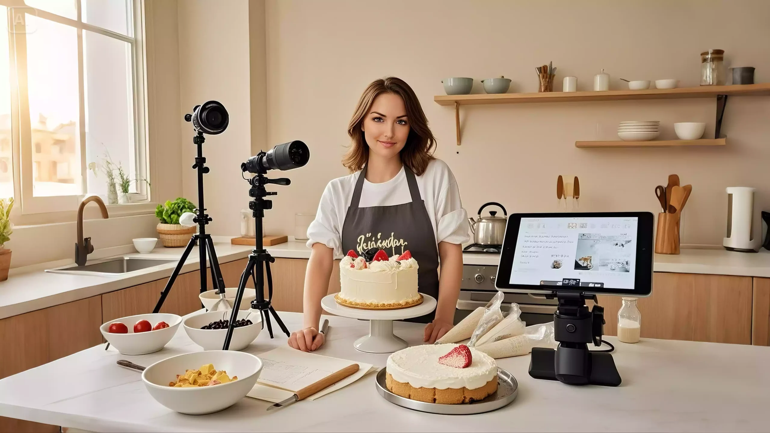jimeng 2025 05 27 974 lena in A bright modern kitchen studio with a camera setup on a tripod and so. Copy 1 scaled